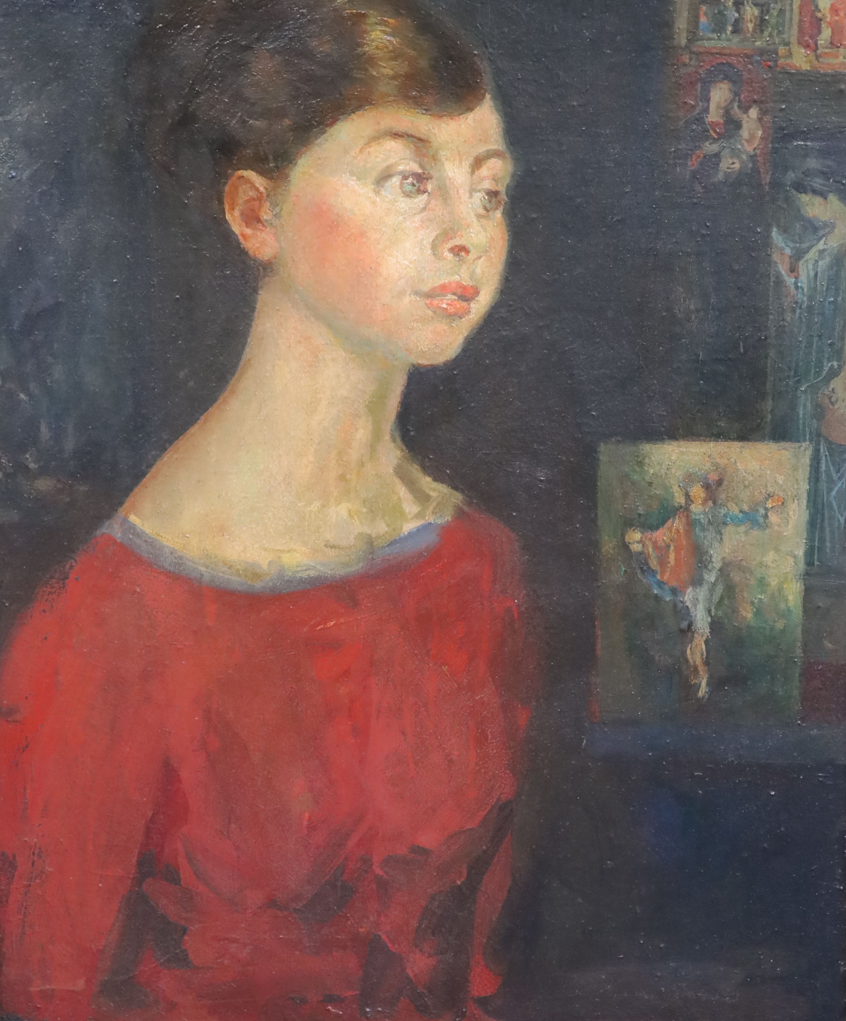 Marian Kratochwil (Polish, 1906-1997), Portrait of a young lady with religious imagery beyond, oil on canvas, 51 x 41cm